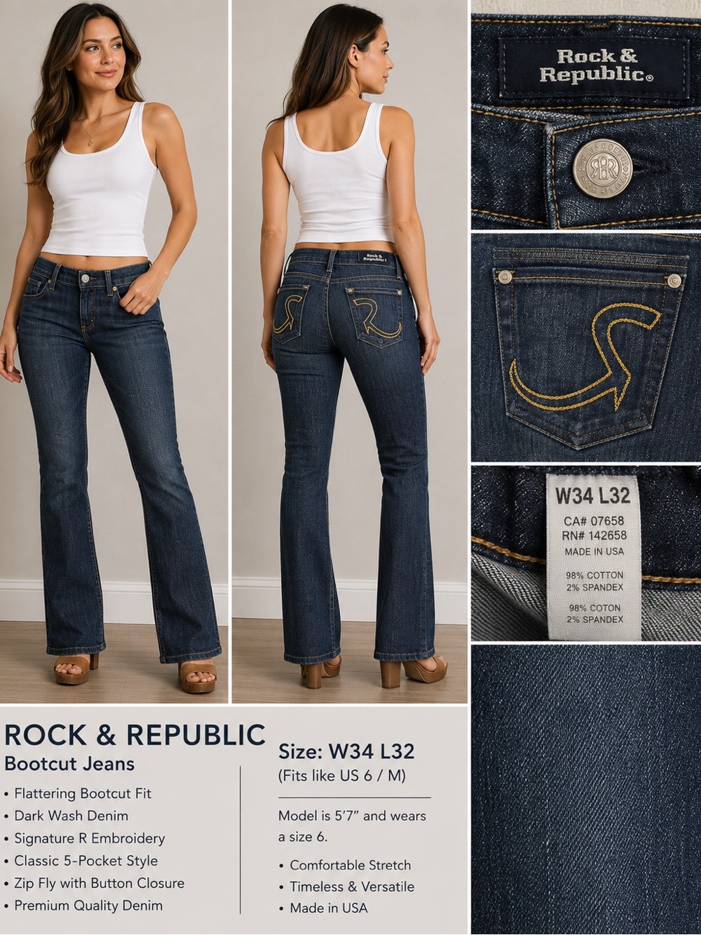 Rock & Republic Women’s Dark Wash Bootcut Stretch Jeans Size 34